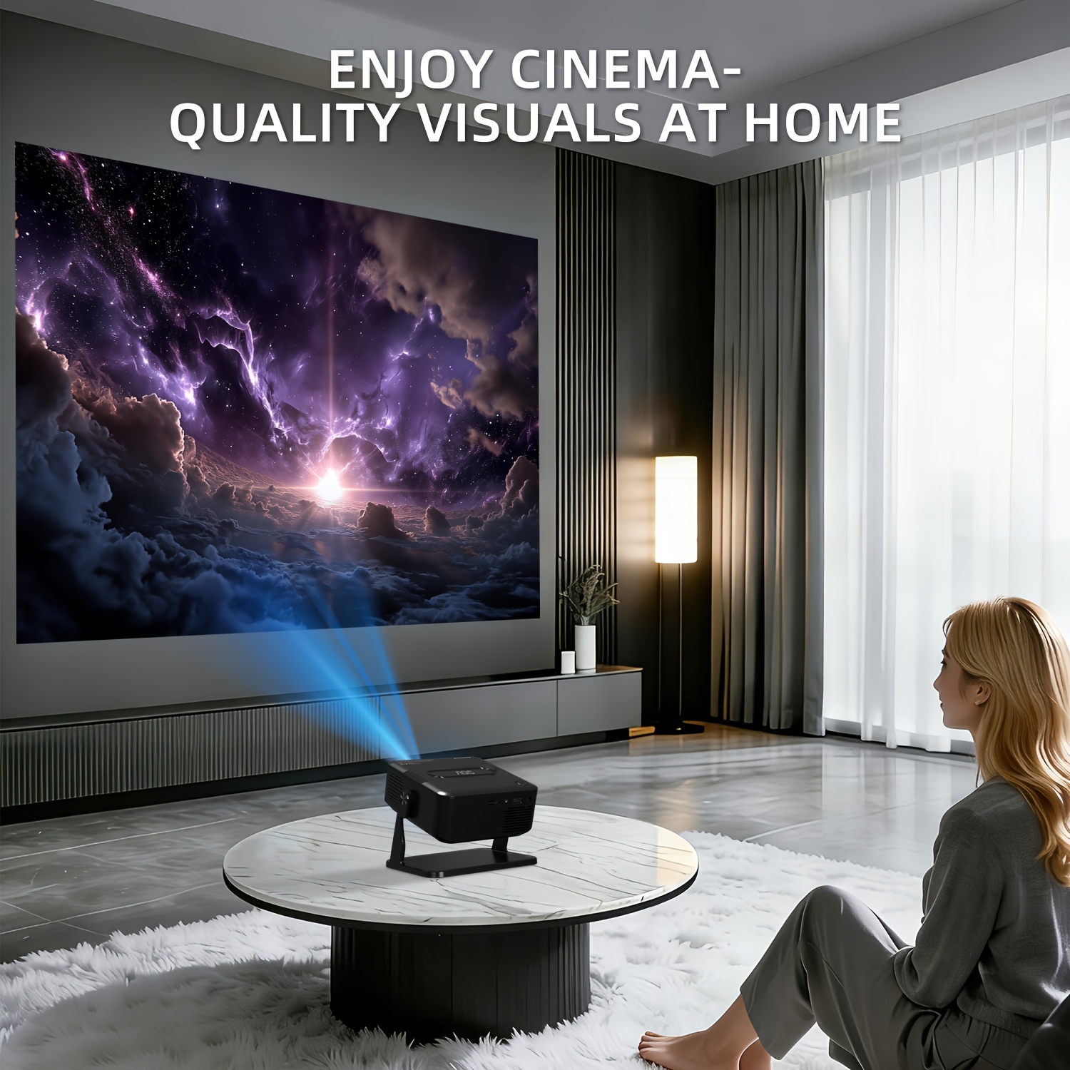 Projecteur home cinema 4K ready 720P local, compact avec correction trapézoïdale automatique, diffusion sans fil, courte distance pour films et jeux