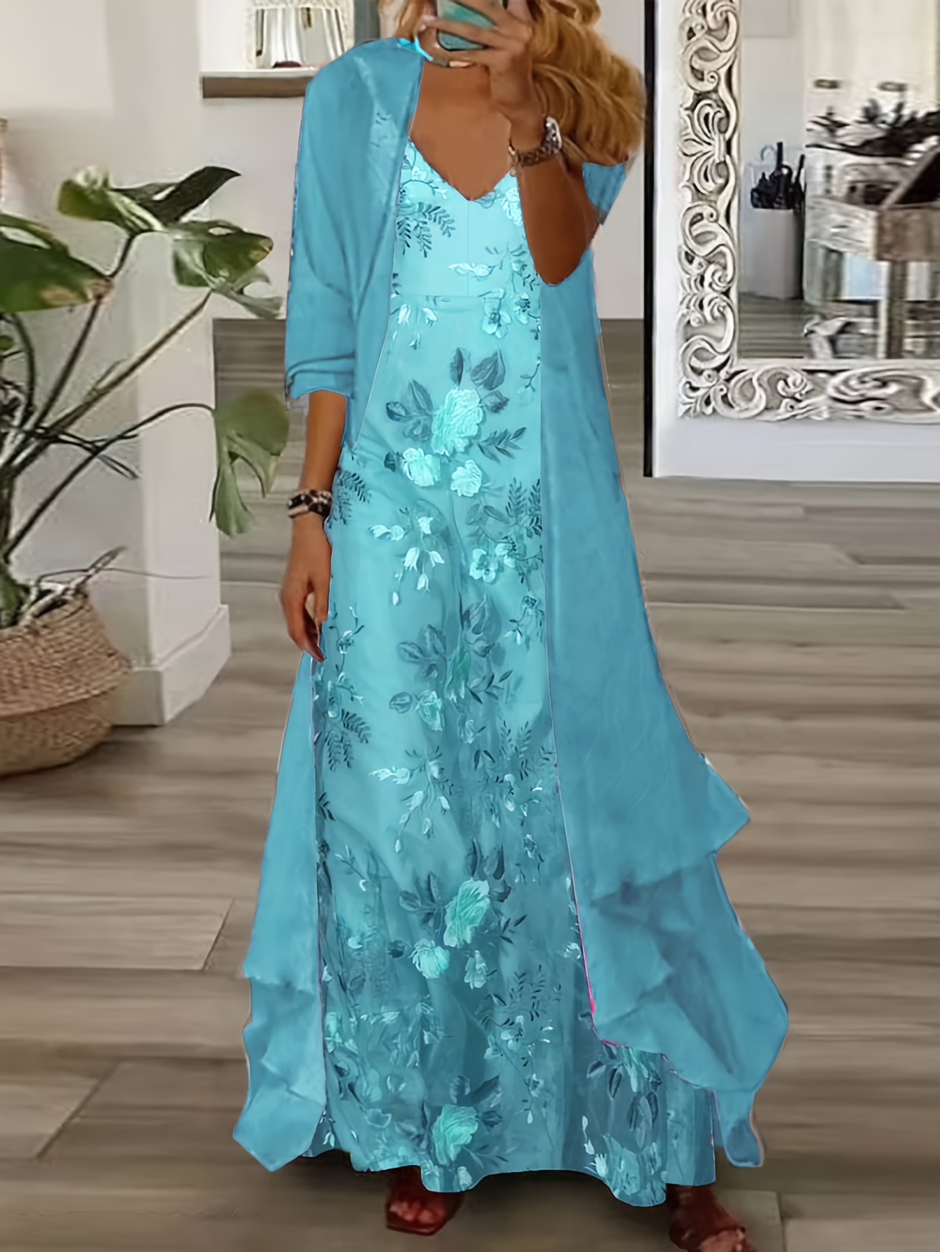 Women's Dress Set Two-Piece Dress Extra Long Dress 3/4 Sleeve Floral Print  Halter Dress