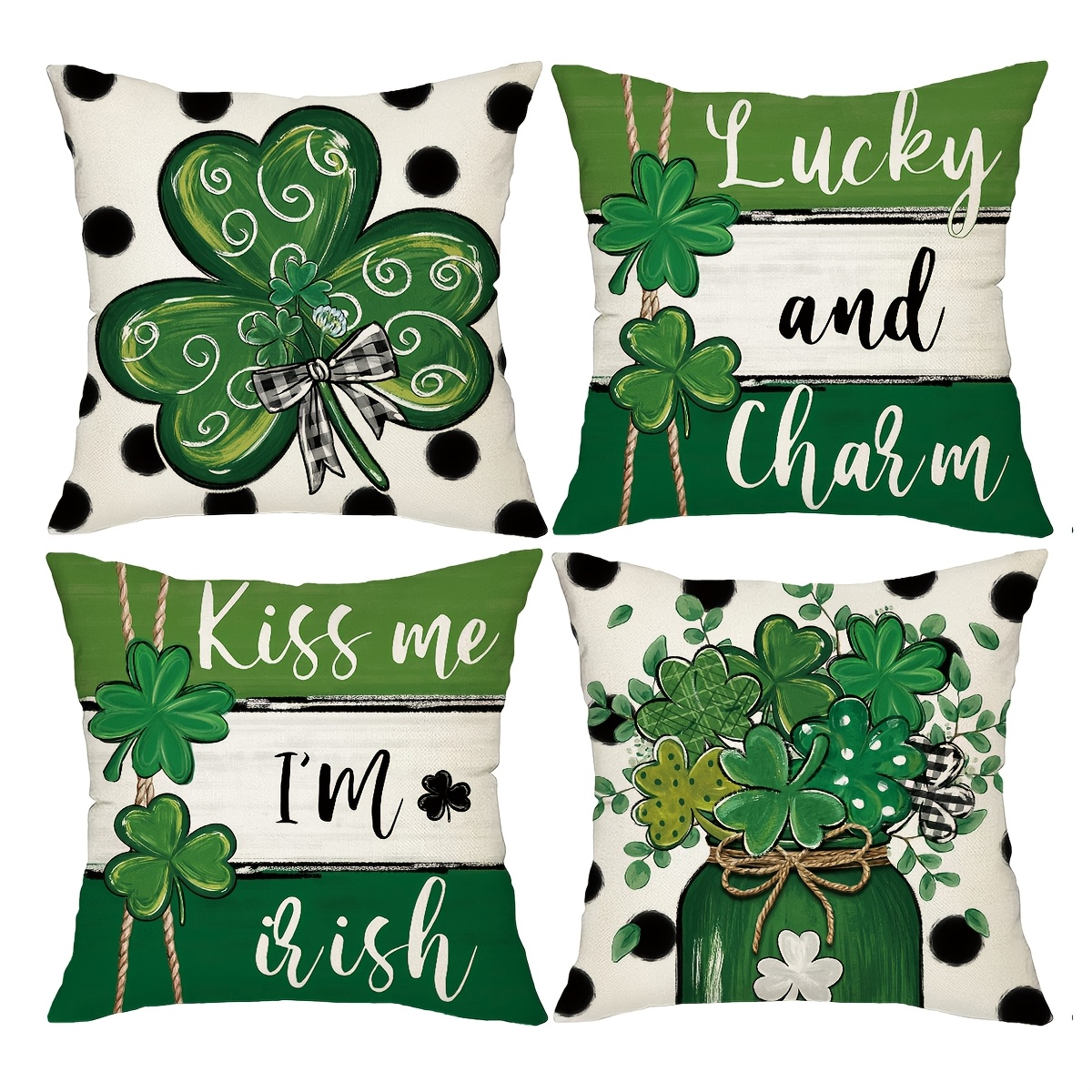 

4-pack 's Day Pillow Covers, 18x18 Inch, , Hand Wash, Zippered Polyester Cushion Cases With , Green Shamrocks, And Striped Patterns, Woven Decorative Throw Pillowcases For Home Decor, No Inserts