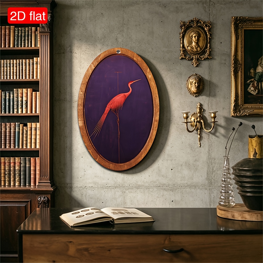TEMU Plat 2D, Cadre Ovale Plat 2D en Bois Naturel avec Imprimé Grue Rouge, Motif d'Oiseau sur Fond Violet Foncé, Décoration de Bureau et Murale pour
