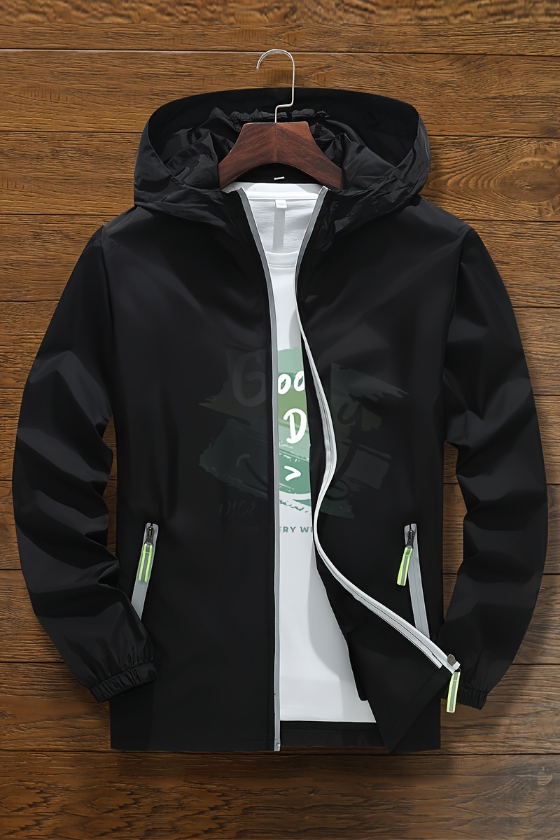 Unisex Summer Hooded Jacket with Reflective Zipper Design, Ultra-Thin Breathable Quick-Dry Windproof Sports Coat for Outdoor Night Running, Cycling, Fishing Sun Protection Top - Loose Fit Hooded Zip-Up Shirt