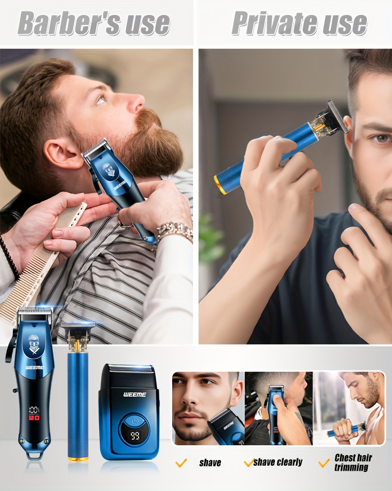 WEEME 4pcs Men's electric hair clipper, nose hair clipper, shaver set - wireless USB charging professional hair clipper set with lithium battery - his ideal gift, hair accessories | modern hair clipper tools | fashionable blue gradient design