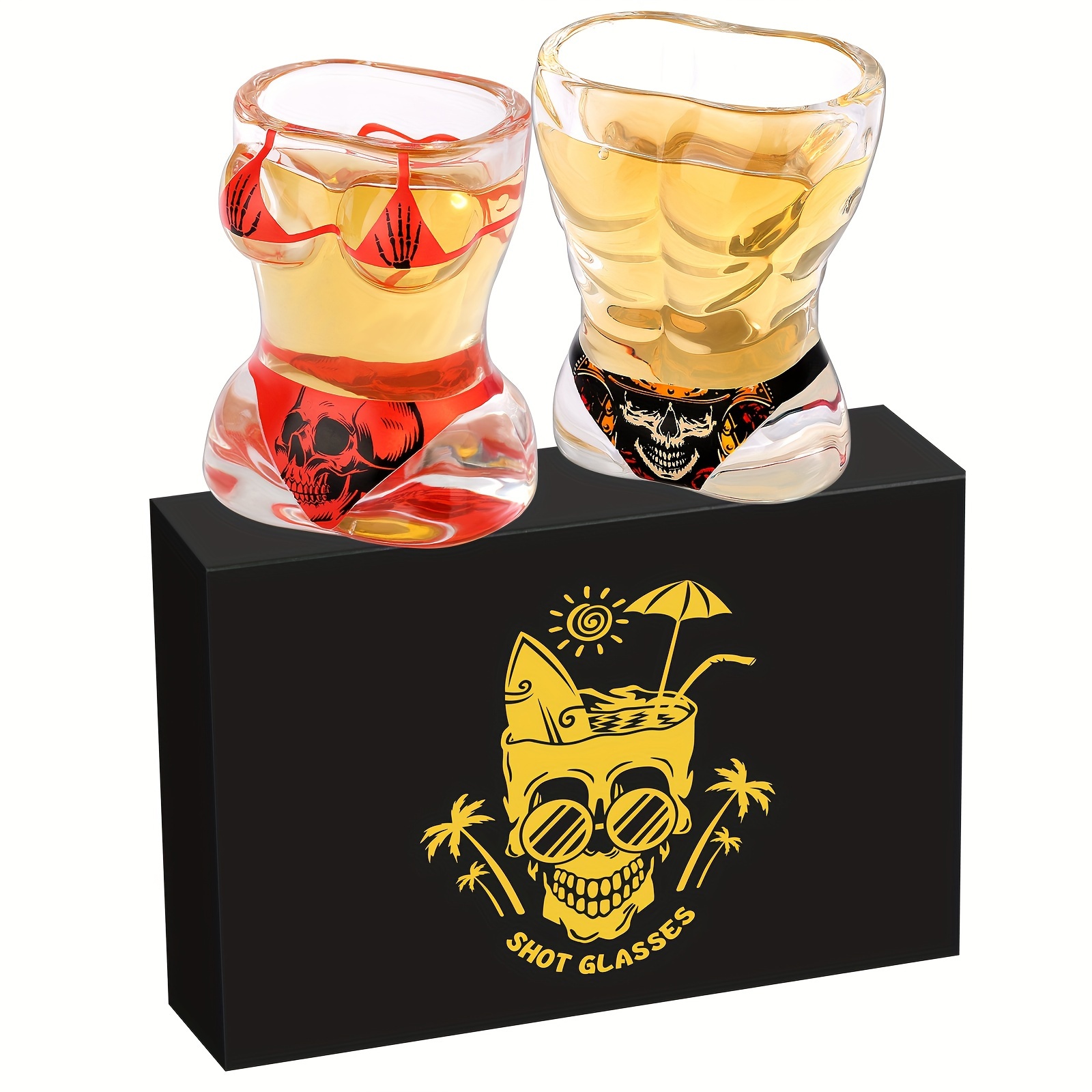 * Skull Wind Small Wine Cup, One Muscular Man, One Bikini, a Foldable Box  with Logo for Home Bar, Wide Mouth Glass for Whiskey And * Beer