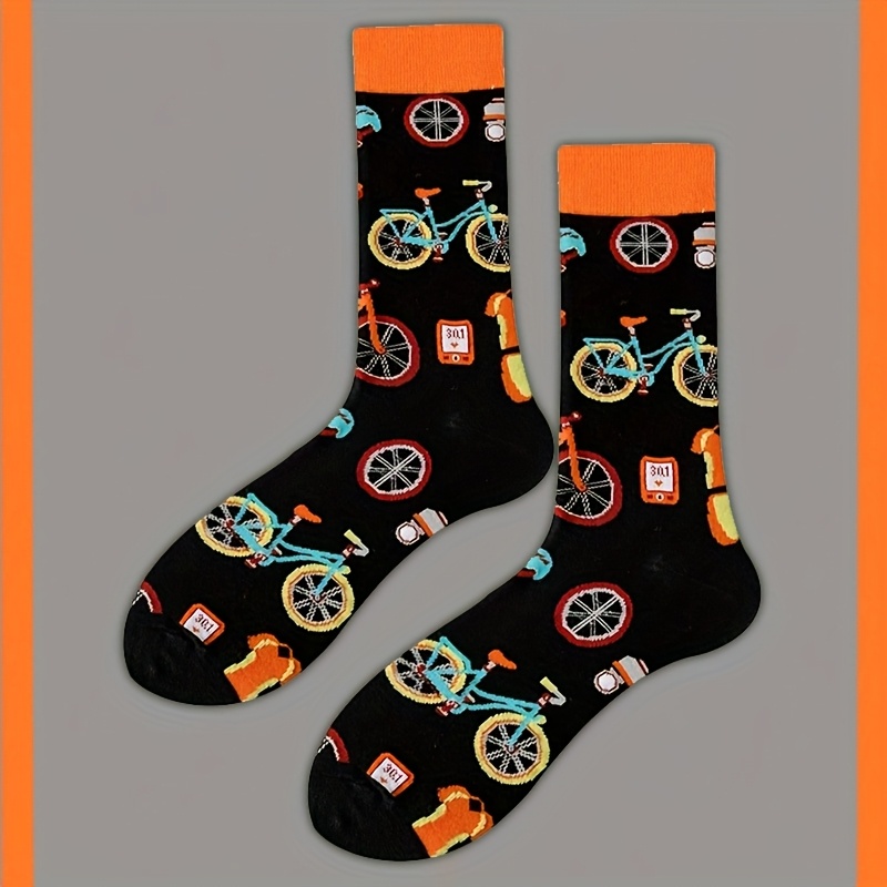 Image of A Pair Of Men's Bicycle Pattern Socks, Comfortable Mid-calf Sports Socks, Suitable For Couples, Perfect For Casual Wear In