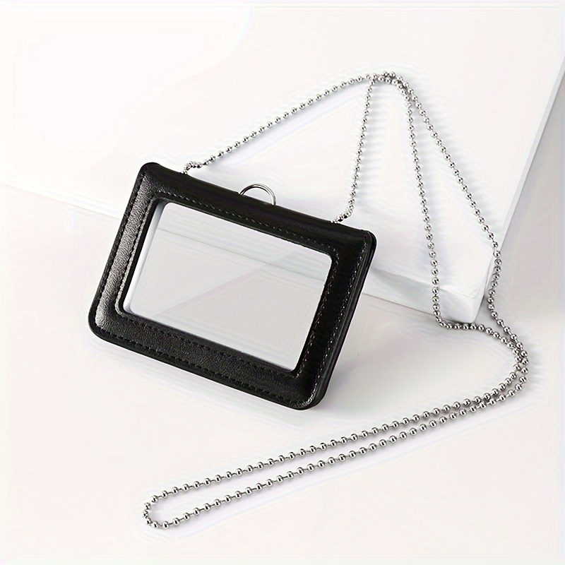 Genuine Leather Id Badge Holder With A Window, Designed For Office Workers, Featuring A Chest Card Case And A Beaded Chain Lanyard