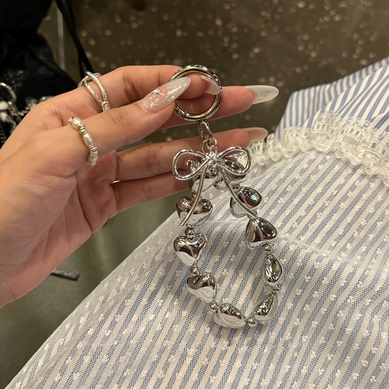 TEMU 1pc Korean-style Instagram Bright Silvery Heart String With Silvery Knot Pendant, Phone Charm, Bag Accessory, Trendy Creative Decoration