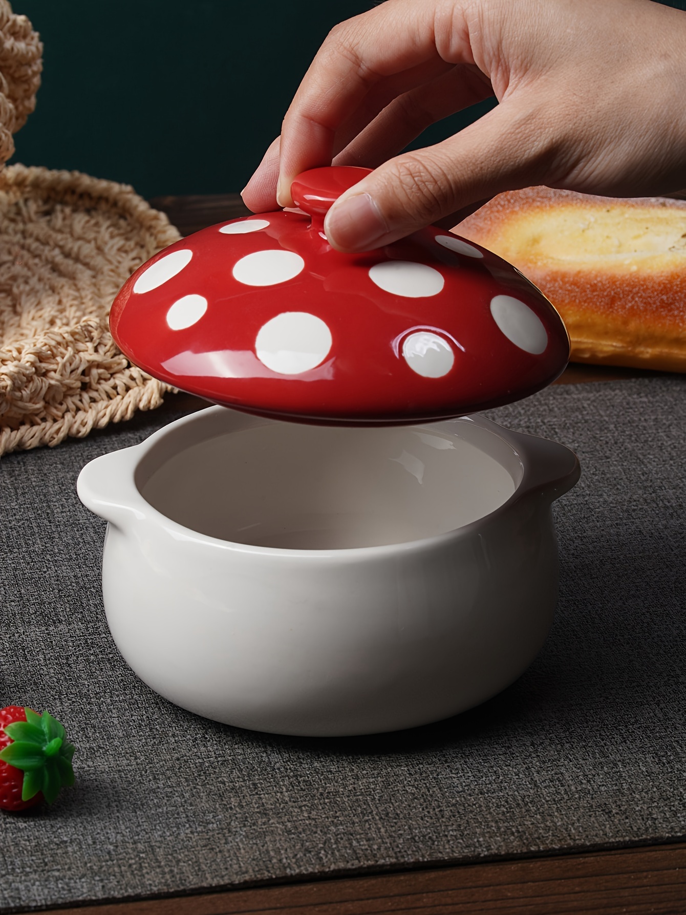1pc, Red Mushroom Bowl With Handle, Ceramic Soup Bowl With Lid, Porcelain Soup Pot, For * Onion Soup * Cereal, Chilled Dishes, Past