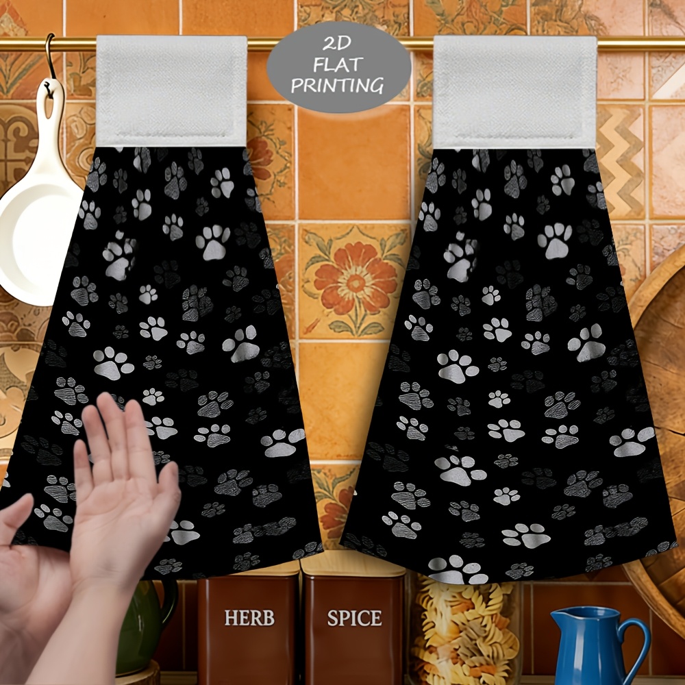 TEMU 2pcs Black Background Paw Print Pattern Print Hanging Hand Towel Cleaning Towel, Soft Microfiber, Fashion Casual, -friendly, Quick-dry Suitable
