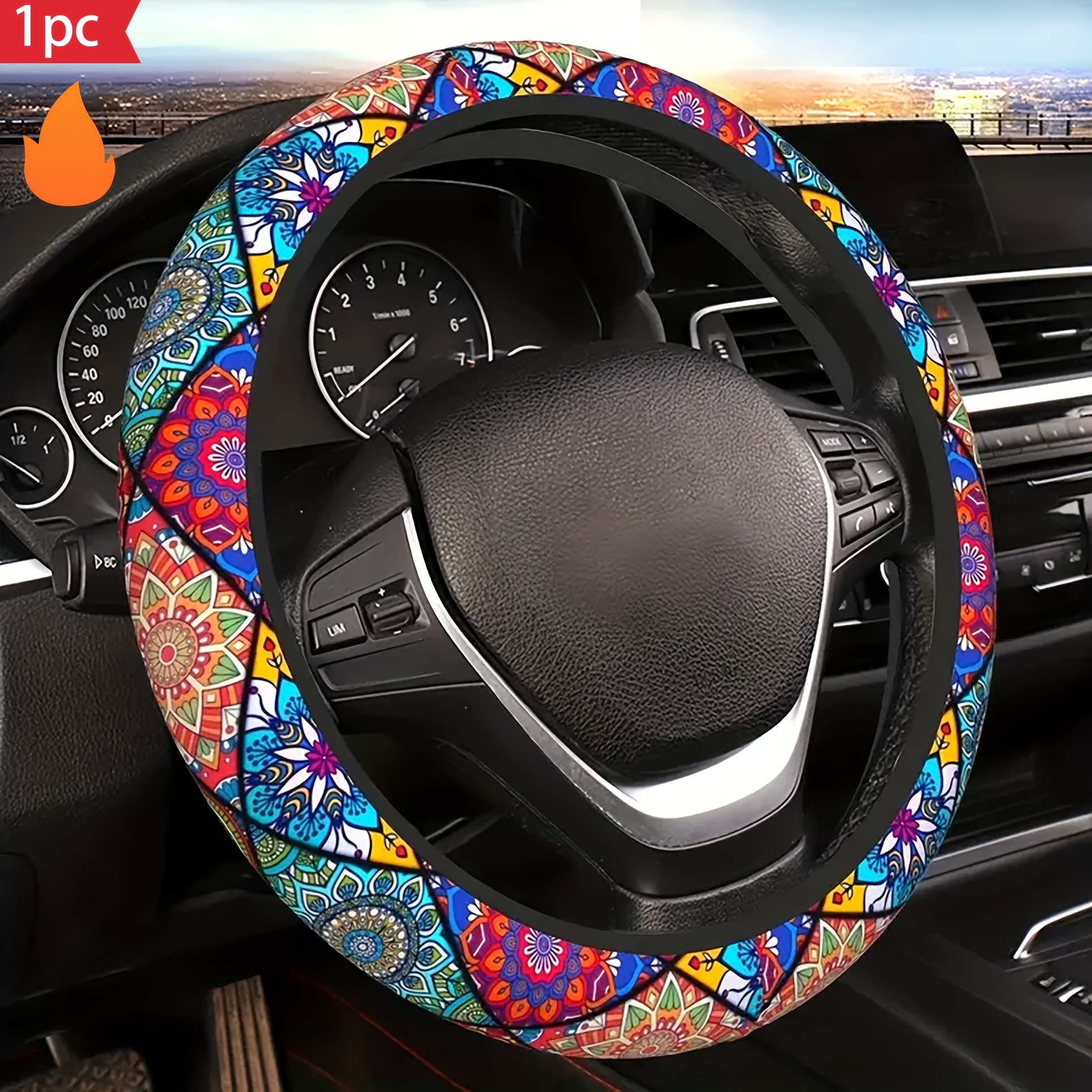 

Neoprene Steering Wheel Cover - Colorful Moroccan Style Geometric Print, Universal 15-inch Anti-slip Grip, Durable Car Accessory Decor, Fits Most Models - 1pc