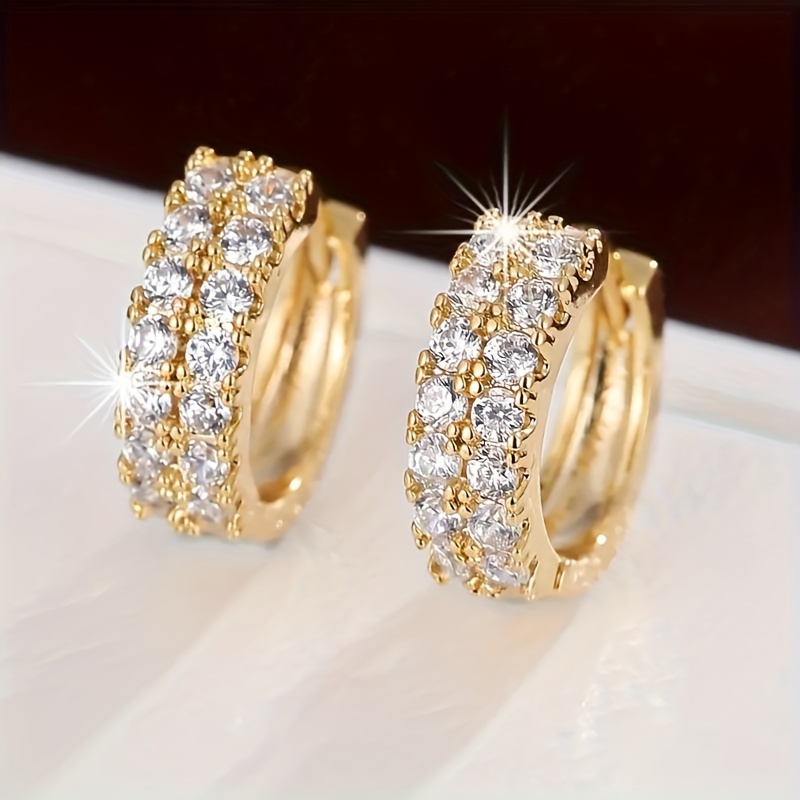 

Elegant Vintage-style 18k Golden Plated Hoop Earrings With Double Row Synthetic Cubic Zirconia, Copper Based, For Parties And Vacation