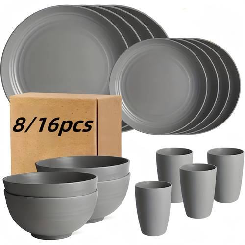 8 16pcs grey unbreakable high quality plastic dinnerware sets reusable lightweight microwave dishwasher safe 8pcs plates 4pcs cups 4pcs bowls for camping picnics rv dorm perfect gift for students outdoor enthusiast