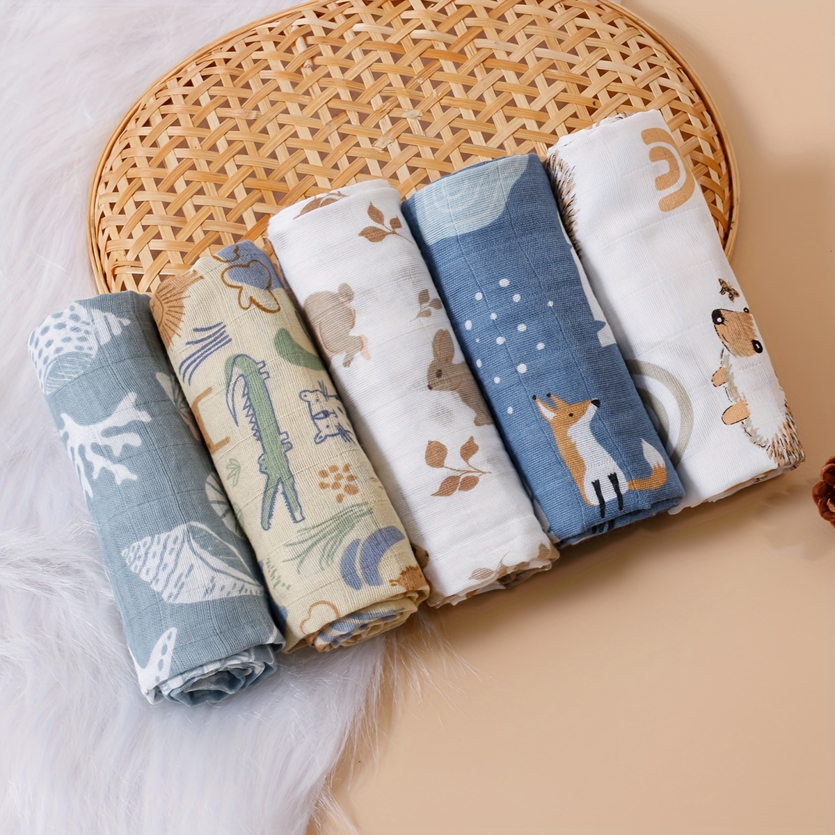 Image of 5pcs Animal And Sun Print Muslin Bibs,soft Small Muslin Blankets, Cute Design Burp Cloth Drool Feeding Bibs