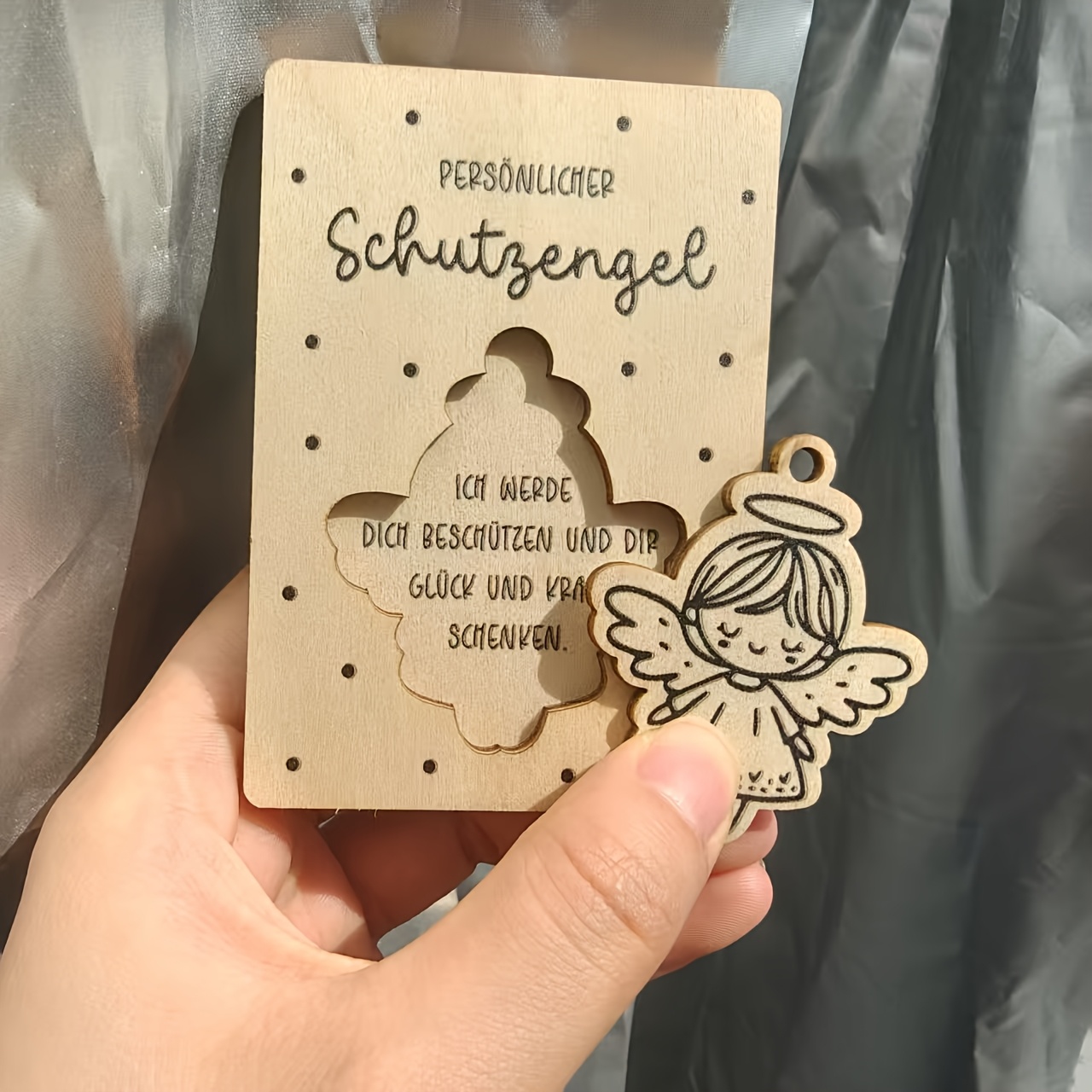 Image of Guardian - German Charm With German Text, Wooden With Wings & Heart, 3d Design, No Electricity Needed, For Home, Office, Christmas, Birthday