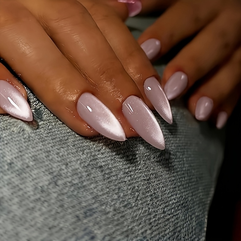TEMU 48pcs Light Pink Cat Eye Press-on Nails Suitable For Women - Almond Shape Medium-length Fake Nails With Shimmering Cat Eye Effect, Reusable