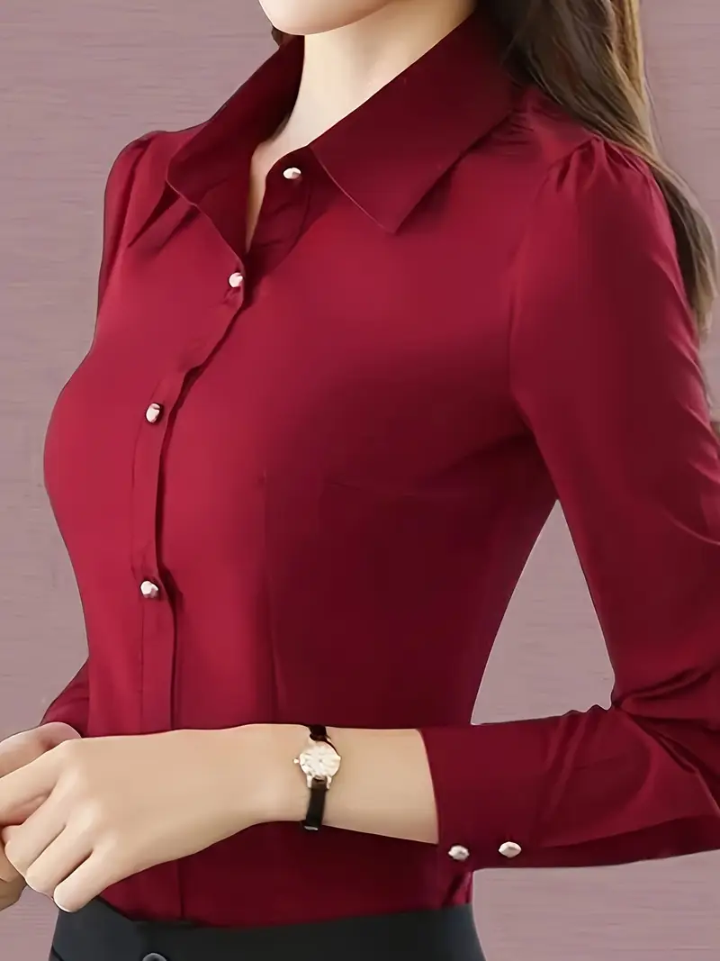Camisa de botões de cor sólida, camisa casual de manga comprida para escritório e trabalho, roupa de mulher 4