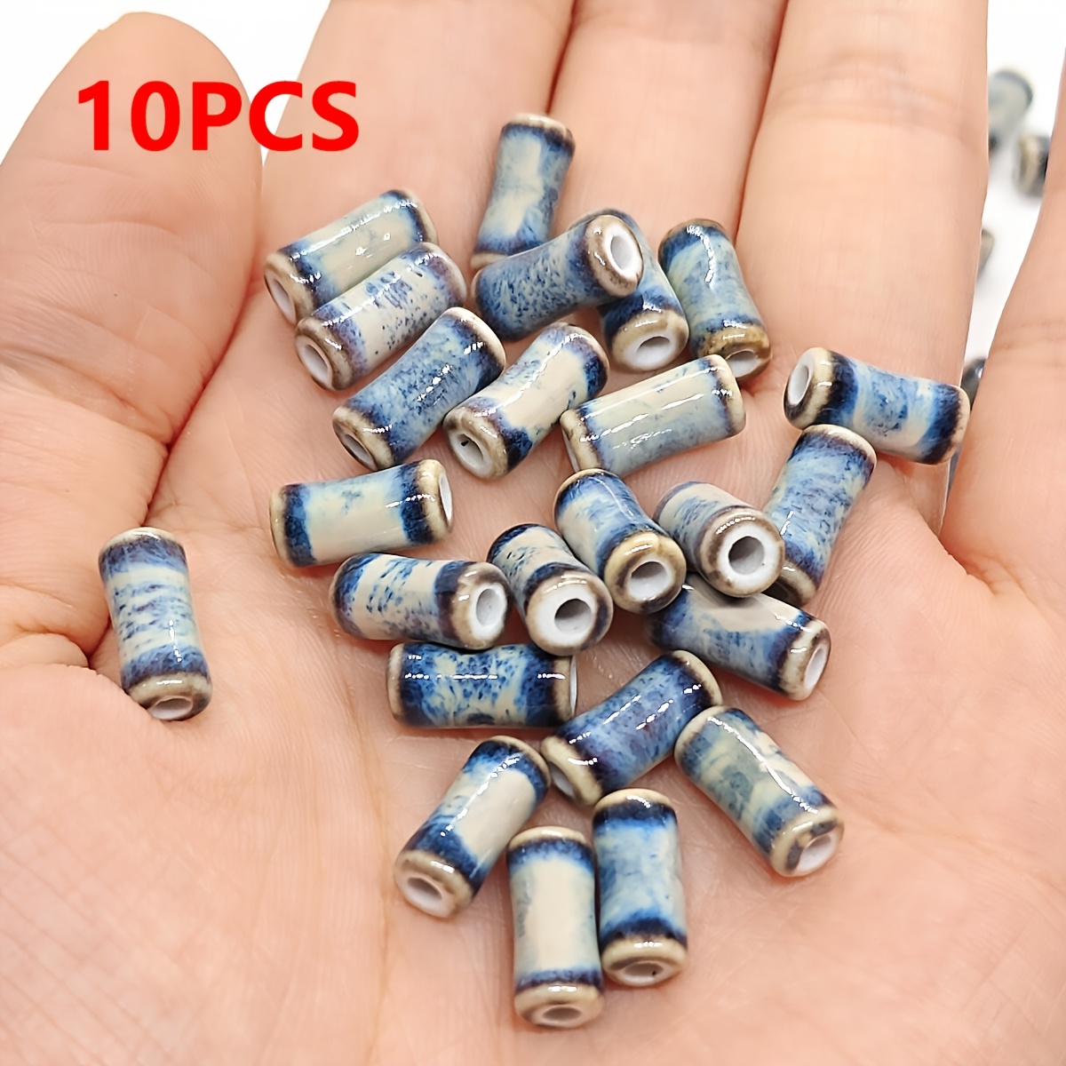 TEMU 10pcs Handmade Fossil Beads - Tone Ceramic Cylinder Beads Suitable For Making, Pre-drilled Boho Craft Beads Tone Fossil Colors, Vintage Bohemian