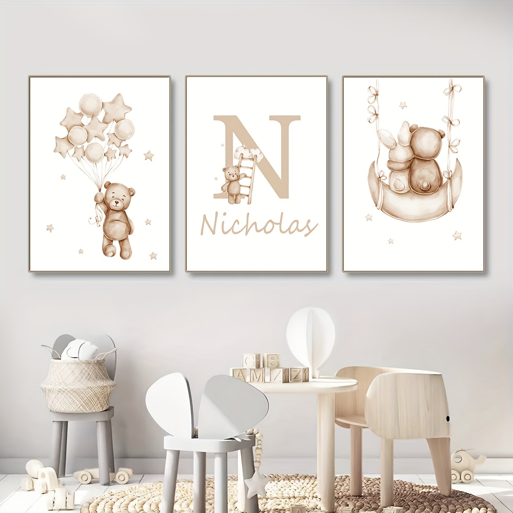 E-shop 3-teiliges Set Niedliche Hase Bär Leinwand Wandkunst, Individueller Namendruck, Personalisierte Wanddekorationsposter, Ballon- und