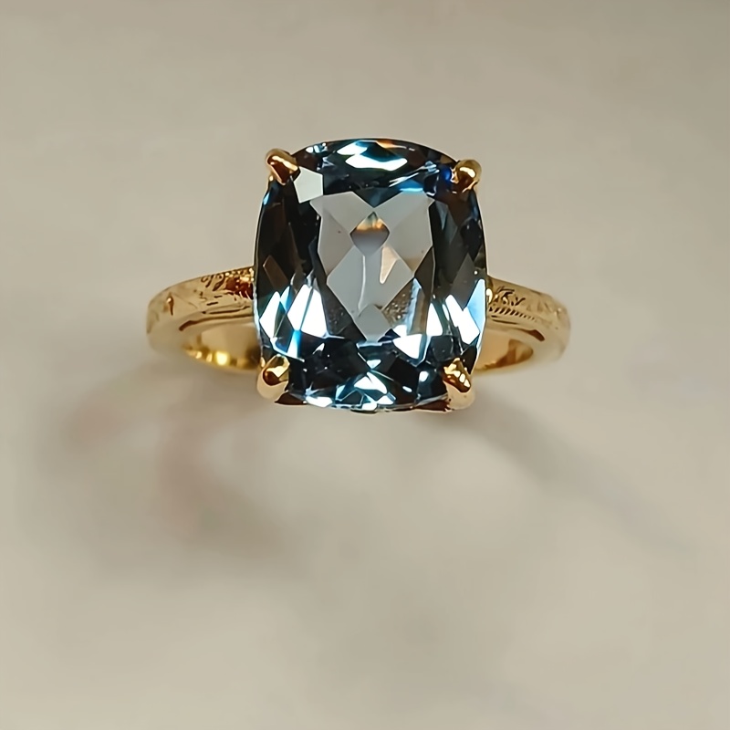 

Elegant Hand- Women's Ring With Unique Cushion Cut Blue Cubic Zirconia - Golden & Silvery Band, Ideal For Weddings/parties, Perfect Valentine's Day Gift Jewelry