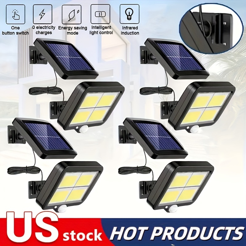 

1-4pcs Solar Led Lights Outdoor With Remote Control, 128 Bright Cob Led With Button, 3 Lighting Mode With Adjustable Solar Panel, Wired Solar Powered Flood Lights For Wall, Yard, Garage, Garden, Shed