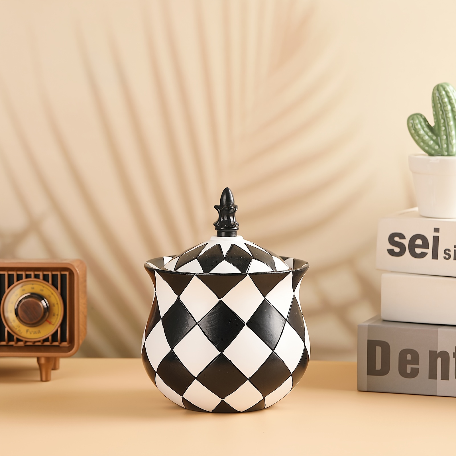 Image of Luxury Elegant Black & White Checkered Resin Jewelry Box With Oval Lid & Plastic Interior - Suitable For, Desktop Storage For Necklaces, Rings, Bracelets,, Gift For, Mothers Day Present, Jewelry Boxes