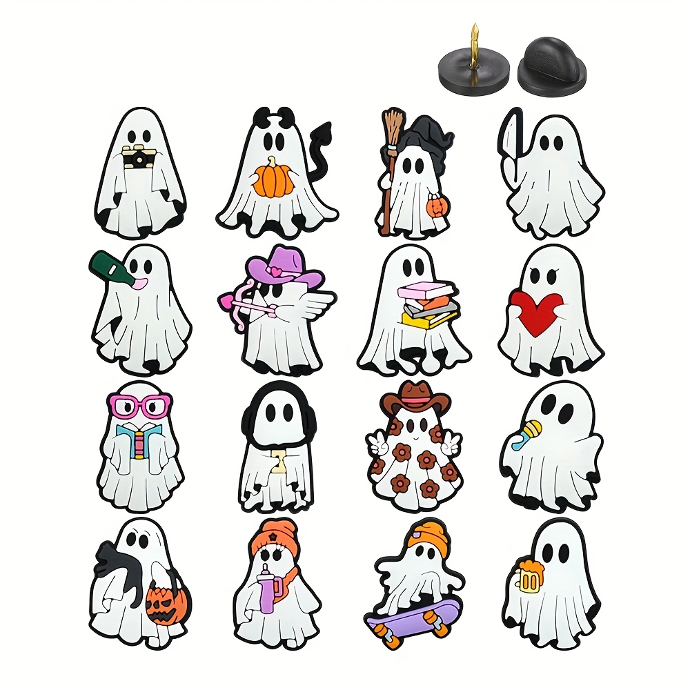 Image of 16pcs, Plastic, Photographing Pumpkin Broom Archery Book Headphones Hat Singing Skateboard Halloween Series Pattern Pins, Halloween Pins Gift Backpack Accessory