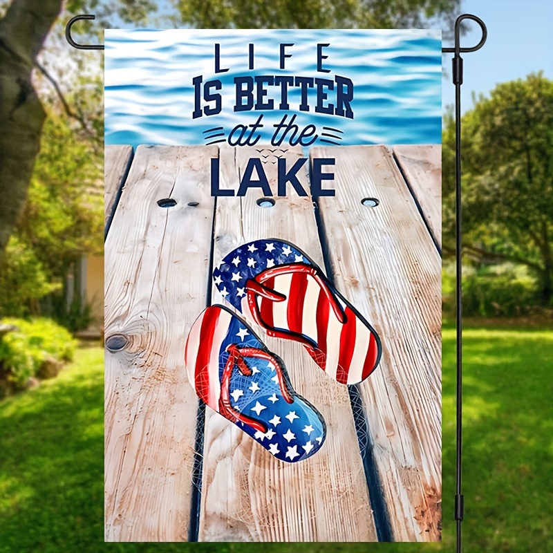 

1pc, Life Is Better At The Lake Garden Flag, Vintage Usa Flip-flops Print House Flag Double Sided Waterproof Burlap Yard Flag, Home Decor, Outdoor Decor, Yard Decor, Garden Decorations 12*18inch