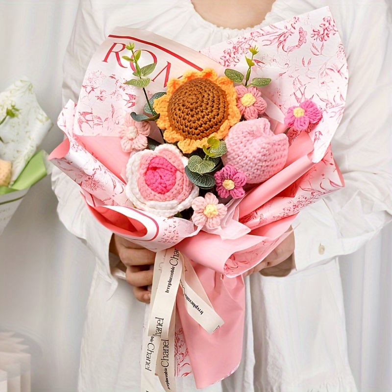 TEMU Ramo de Flores de Ganchillo a , Flores Artificiales Realistas - para de la , San Valentín, , Fiestas y Regalos para - Uno Rosa, y