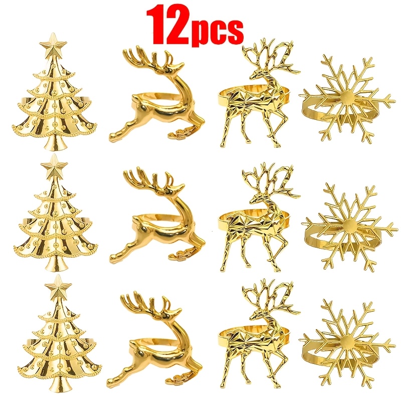 TEMU 8pcs/12pcs/merry Christmas Napkin Ring Set, Christmas Tree Napkin , Snowflake Napkin Ring, Reindeer Napkin Holder, Table Linen Decor, Christmas