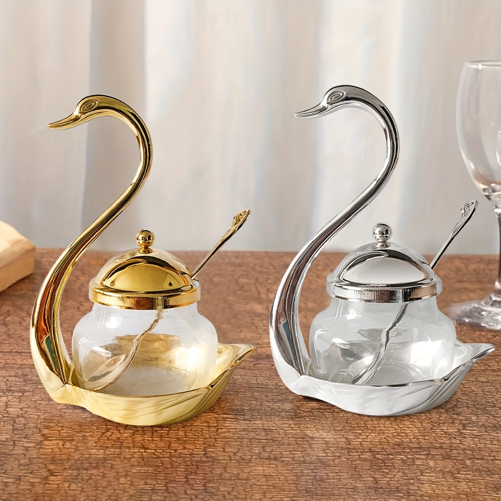 

1pc, Swan Glass Condiment Jar With Spoon, Kitchen Storage Container, Beautiful Sugar Bowl, Creative Seasoning Pot, Kitchen Tool, Home Decor, Wedding Gifts, Mother's Day Gifts