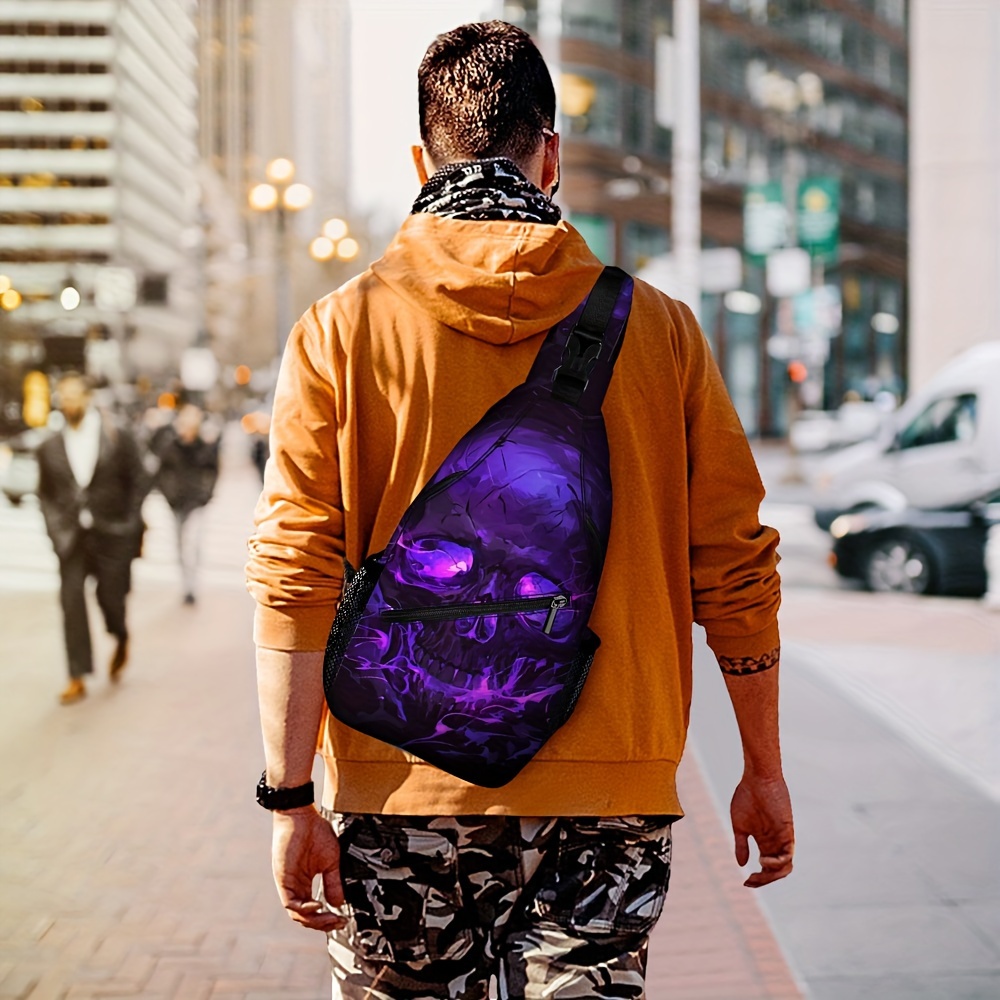 

Purple Dark Skull Print Fashionable Chest Bag For Men, Street Style Shoulder Bag, Adjustable Motorcycling Crossbody Bag, Multi-functional Sport Carry-on Bags