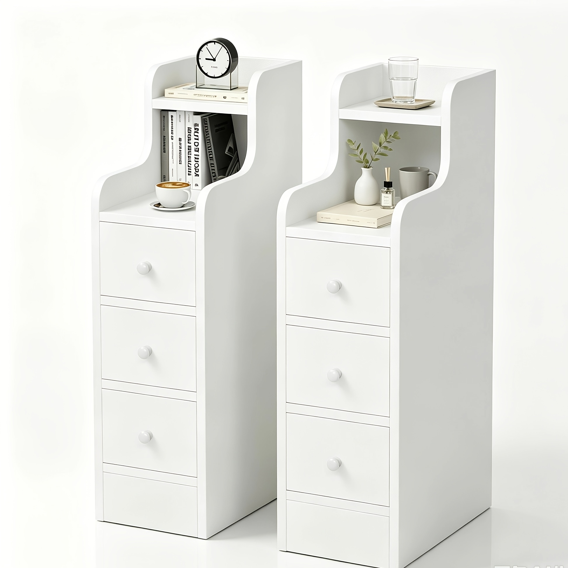 Image of Modern Minimalist Narrow Bedside Table (set Of 2) Suitable For Small Spaces - Space- Bedside Cabinet With 3 Drawers & Open Shelf, Wood, Rubberwood Top, Assembly For Bedroom, Living Room, Study Storage