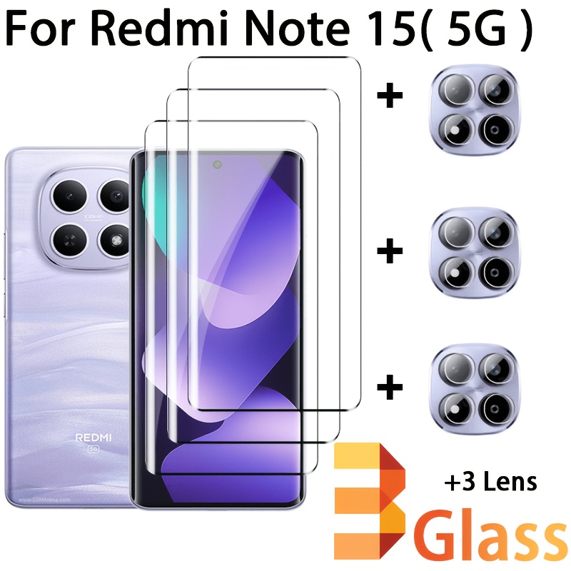 TEMU 6pcs(3 3) Suitable For Xiaomi Redmi Note 15( 5g) Glass 3d Curved Full Cover Screen Protector Tempered Glass For Redmi Note 15 Camera Lens