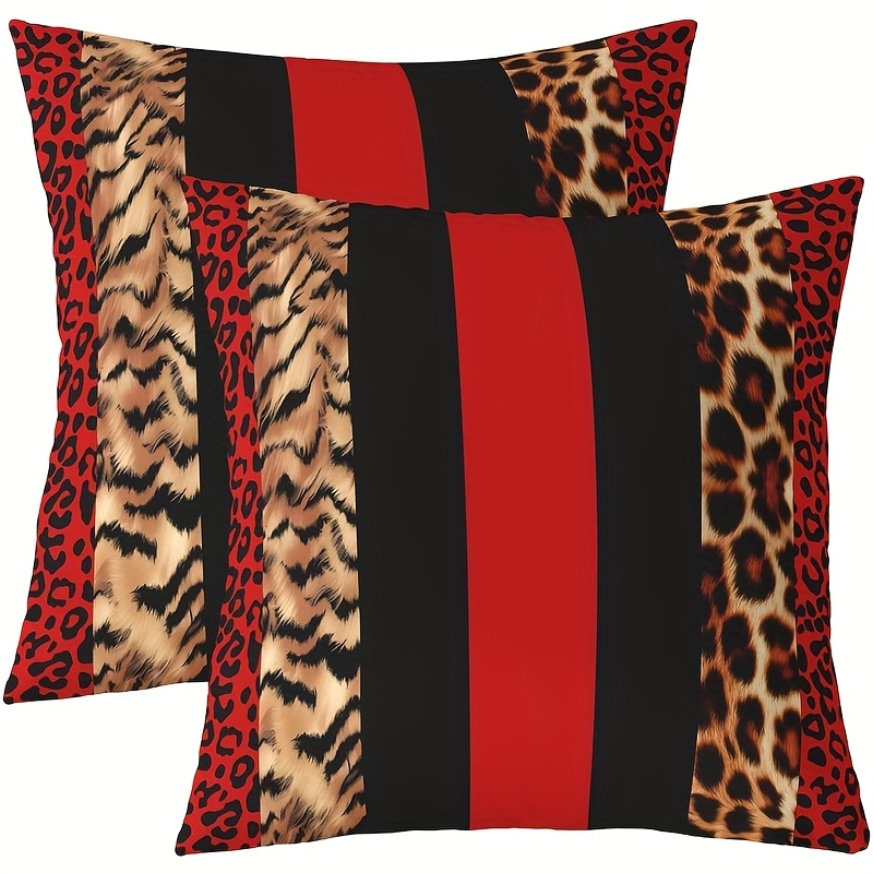 TEMU 2pcs Set Red And Black Vertical Stripe Retro Leopard Print Pillow Covers Single-sided Print 18x18 Inches Suitable For Home, Outdoor, Farmhouse
