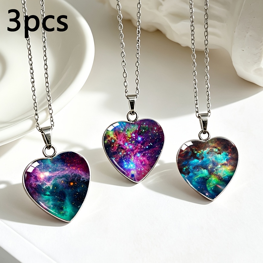 TEMU 3pcs Set Heart-shaped Stainless Steel Teardrop Necklace With Colorful Nebula Gradient Heart Glass Pendant, Collarbone Chain Set