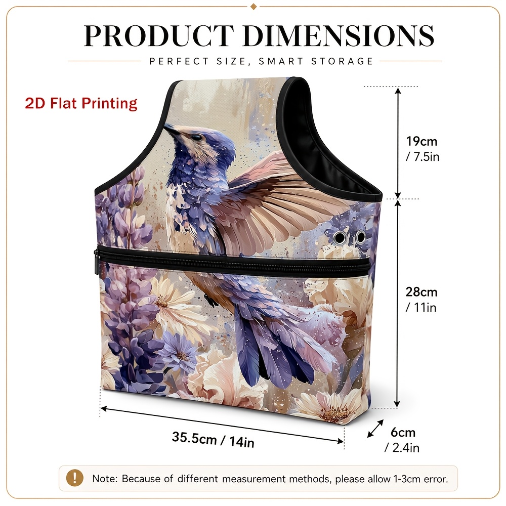 TEMU 1pc Large Round Crochet Knitting Basket With Hummingbird & Purple Flower Print - Suitable For Yarn Holder, Button Storage, Craft Organizer Bag,