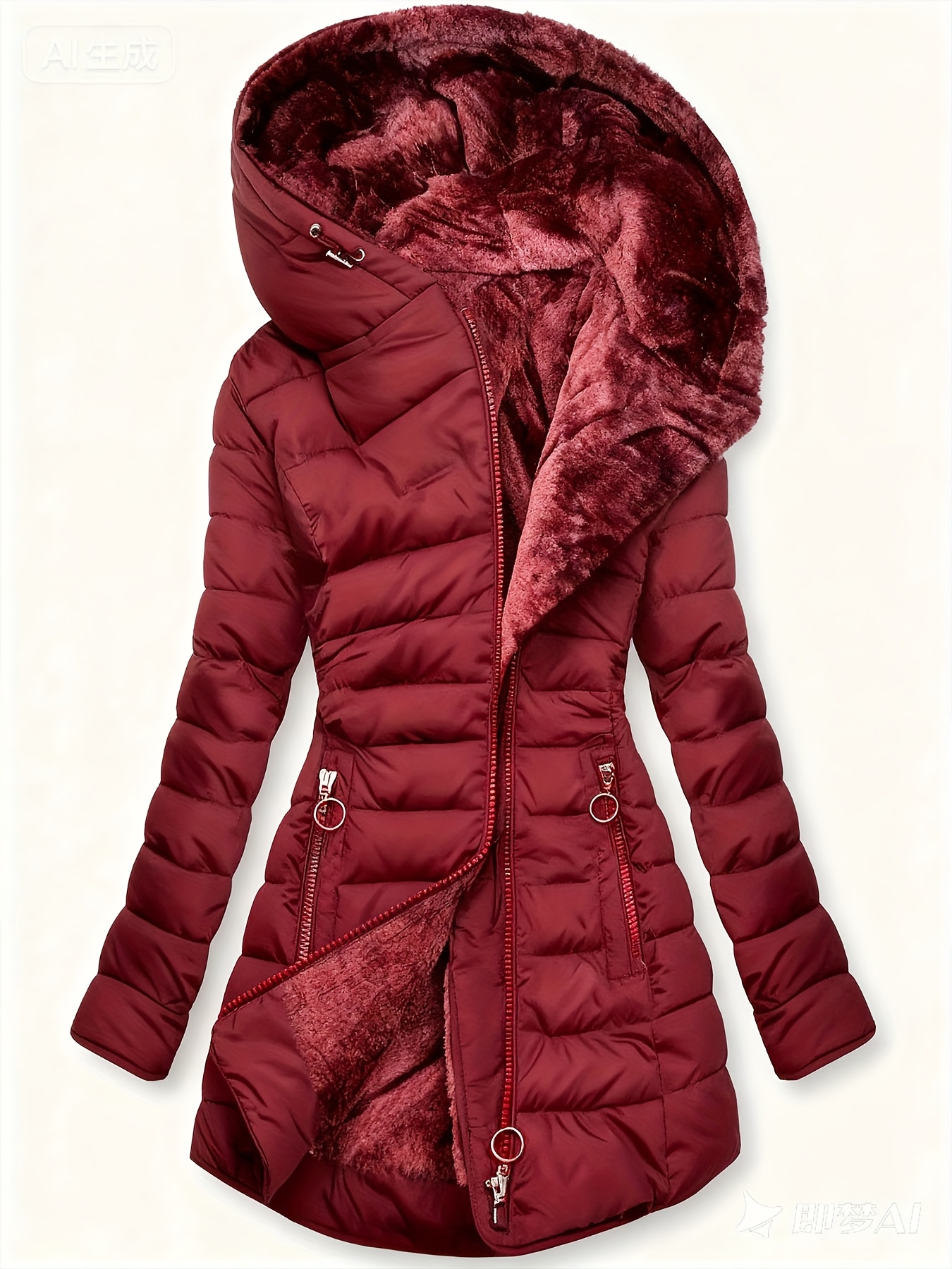 Dames Lange Fleece Gevoerde Jas - Dikke Winterjas met Zakken, Elegante Effen Kleur, Regular Fit voor Koud Weer