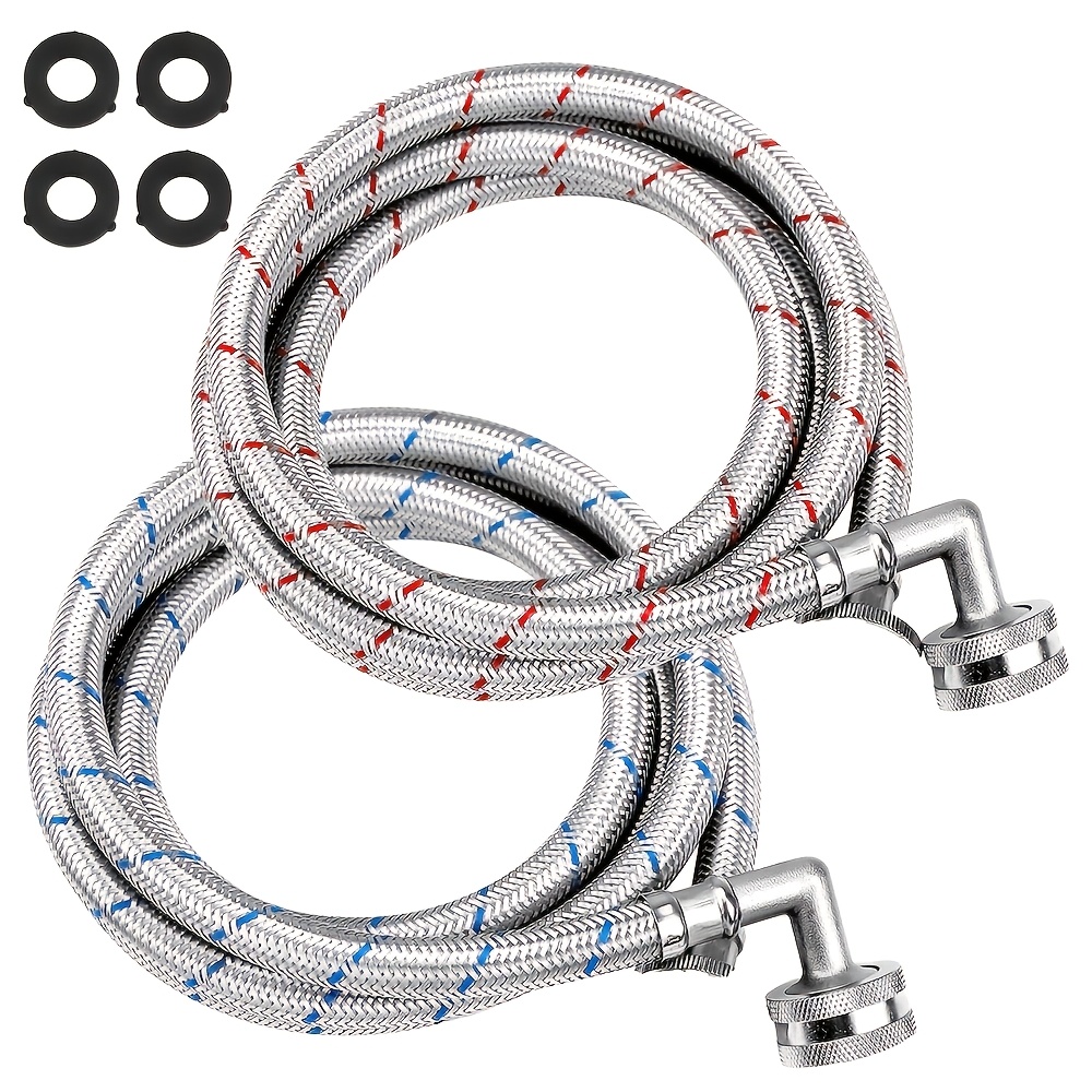 TEMU 6ft Premium Stainless Steel Washer Hoses With 90 Degree Elbow No-lead 3/4" Npt Connection Water Inlet Supply Lines For Washer - 2 Pack