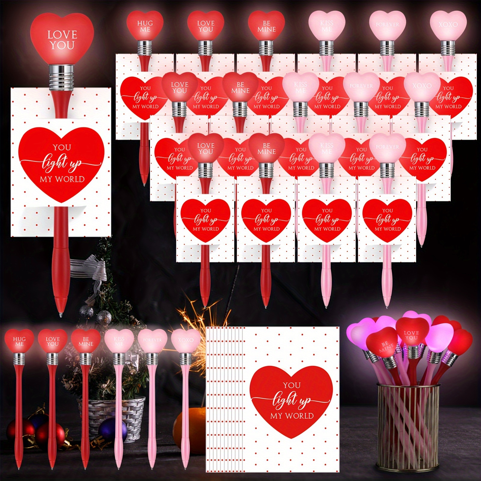 

36 Pcs Heart Pens Led Black Ink Glow In The Dark Red Pens Classroom Gift Exchange Party Favors With Cards For Teacher Student School Office Birthday Graduation Party Supplies, 6 Styles