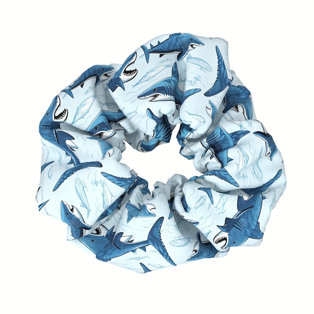 

Vintage-inspired Shark Print Scrunchie - Soft Knit Fabric Hair Tie With Bow Detail, Single Pack