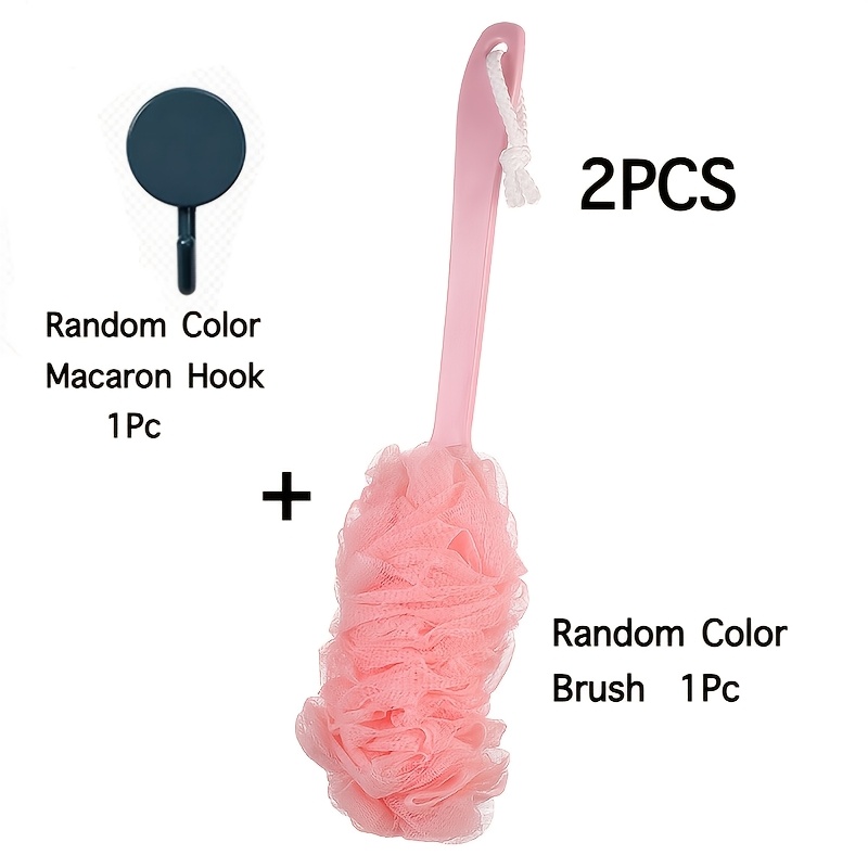 TEMU 2-pack Set [1pc Random Brush And 1pc Random Macaron Hook] Back Scrubber, Long Handle Bath Brush, Soft Mesh Sponge For Body Back Cleaning, Unisex