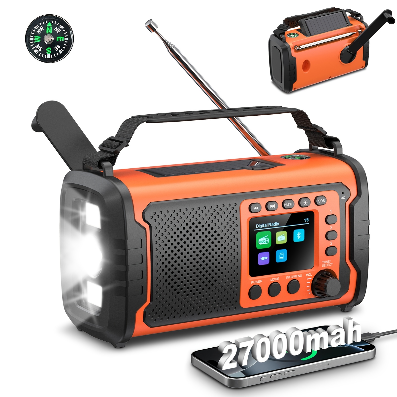 Nujni solarni 27000mAh baterijo, AM/FM/NOAA vremensko opozorilo, 80m super svetla svetilka, 12-LED kamp luč, BT zvočnik, USB polnjenje, ročna