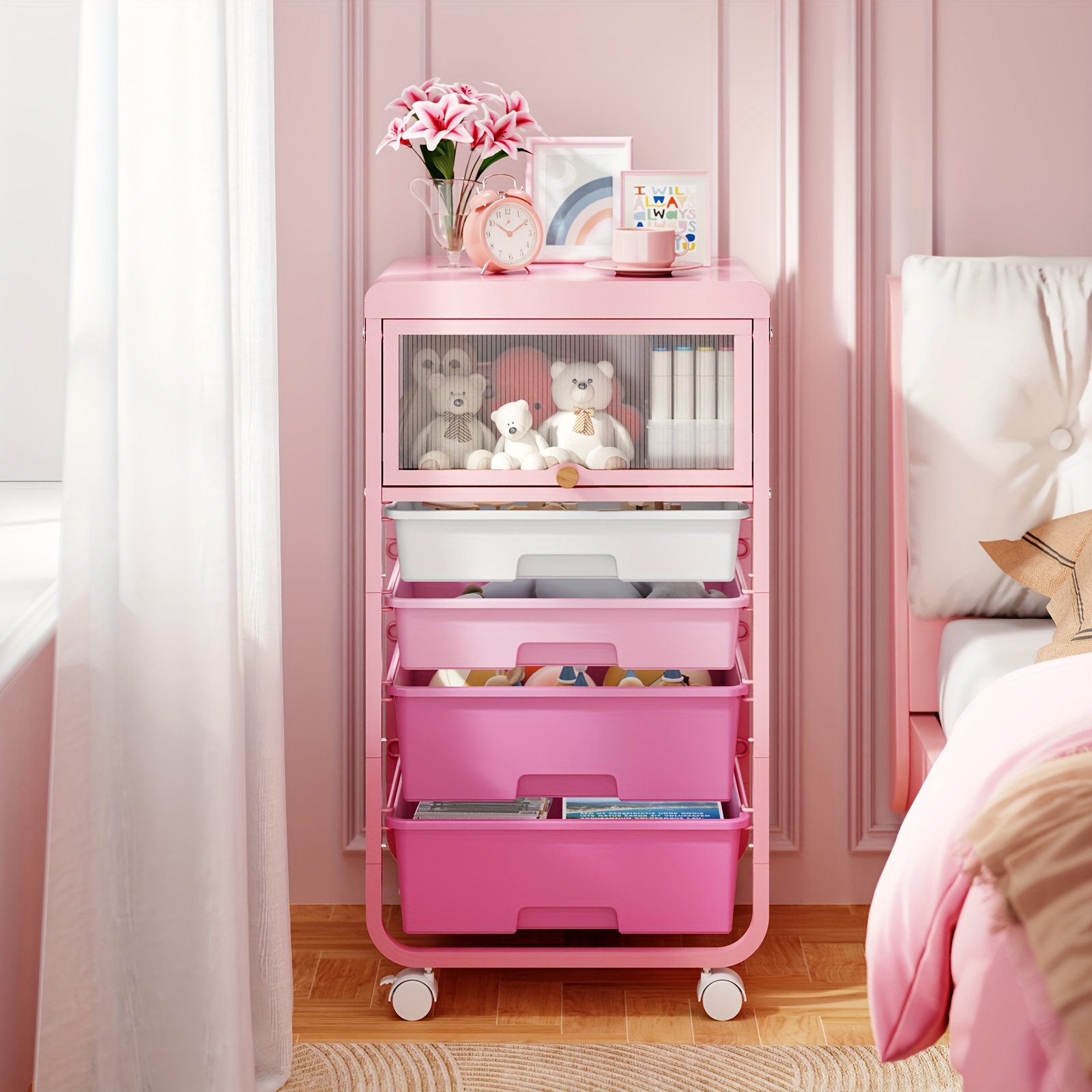 TOOLF Rolling Storage Cart With 4 Drawers, Utility Cart With Pink Drawers, Craft Cart, Teacher Organization For Office Organization, Bedroom, Classroom