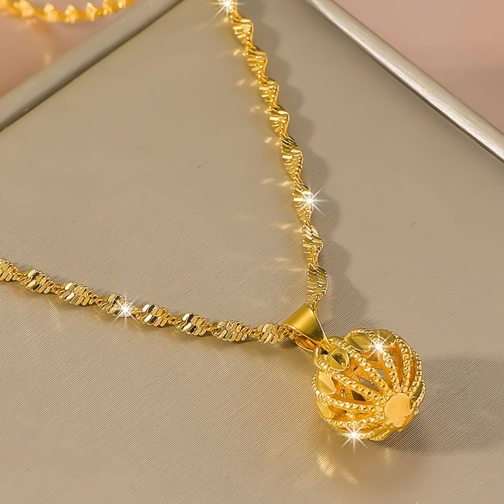 TEMU Golden Hollow Ball Pendant Necklace For Women - Vintage- Wedding & Party Jewelry With Intricate Detailing, Middle , , , Charm Necklace, Special