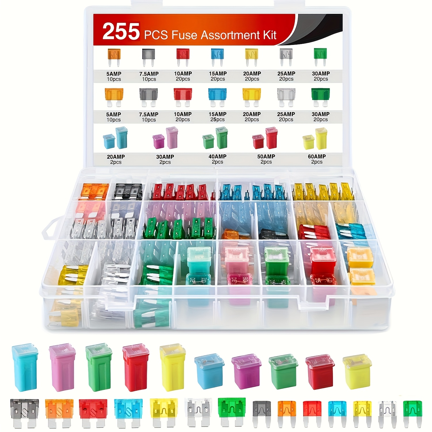 E-shop 255-teiliges Auto-Sicherungssortiment | SY Standard-Sicherungen 5A 7.5A 10A 15A 20A 25A 30A, Low Tall STD Profil-Sicherungen 20A 30A 40A 50A 60A