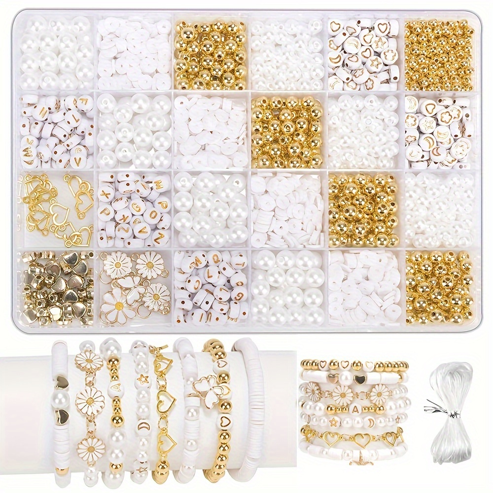 

1000pcs Daisy Making Kit - Unique Charm Design With Sparkling Golden Accents, Glossy Plastic & Letter Beads For Stylish Bracelet Crafting