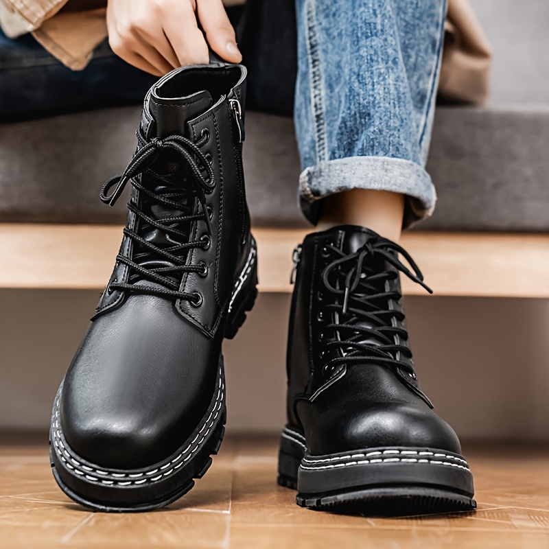 *'s British Style High-Top Boots PU Upper, PVC Sole, Lace-Up Ankle s for  Casual Formal Wear, Heavy-Duty Traction, Round Toe (Black)