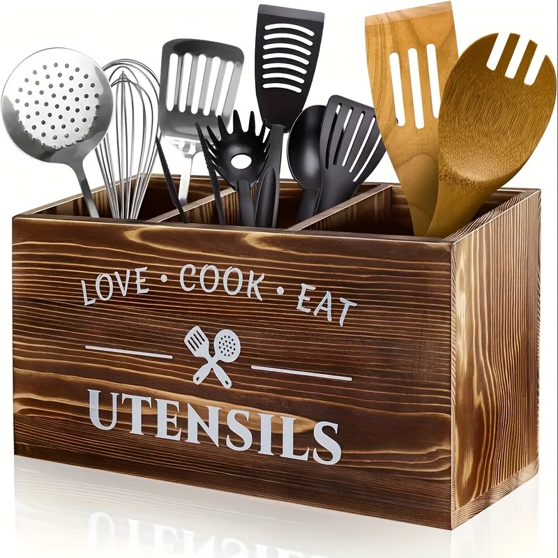 

1pc Utensil Holder In Rustic Wood For Kitchen Countertop Organizer And Cooking Tools Storage ()