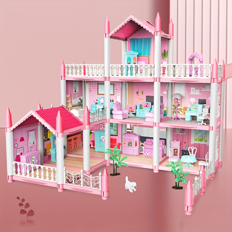 

Dollhouse Set Includes 9 Rooms Furniture Accessories, Dollhouse Toy House Pink Diy Assembly House Children's Toy Dollhouse Castle Small House.