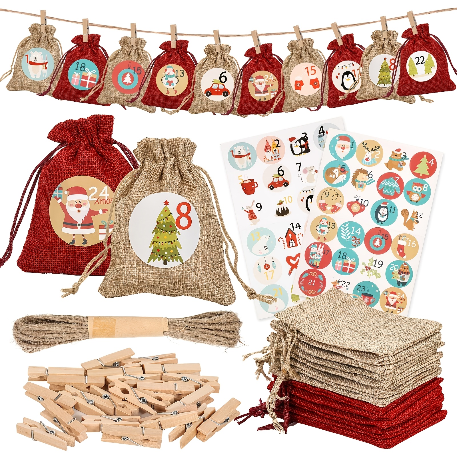 TEMU 2026 Diy Christmas Countdown Calendar - Fillable Christmas Countdown Calendar With 24 Pouches, Number Stickers, And Clips - Diy Christmas