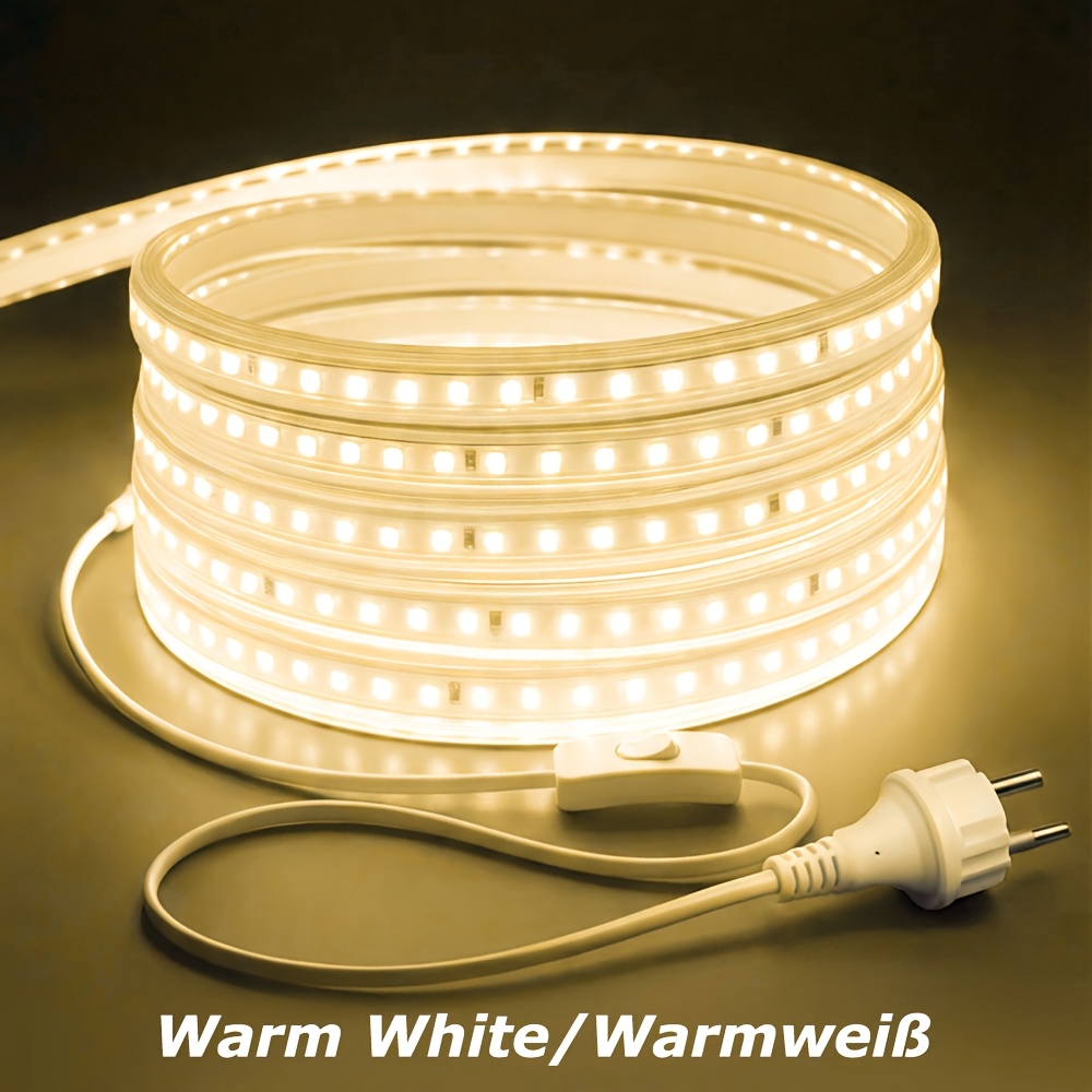 220v 230v Led Strip Lights Ip65, 120leds/m Flexible Led Tape Light With Eu Plug, Outdoor/indoor Decoration Lighting For Kitchen, Garden, Room, Christmas, Cool White/warm White 2m/5m/30m/50m